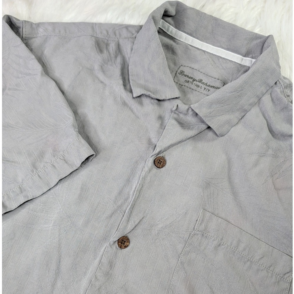 Tommy Bahama Button‎ Down Mens Large Gray Silk Tropical Palm Leaf Camp Shirt